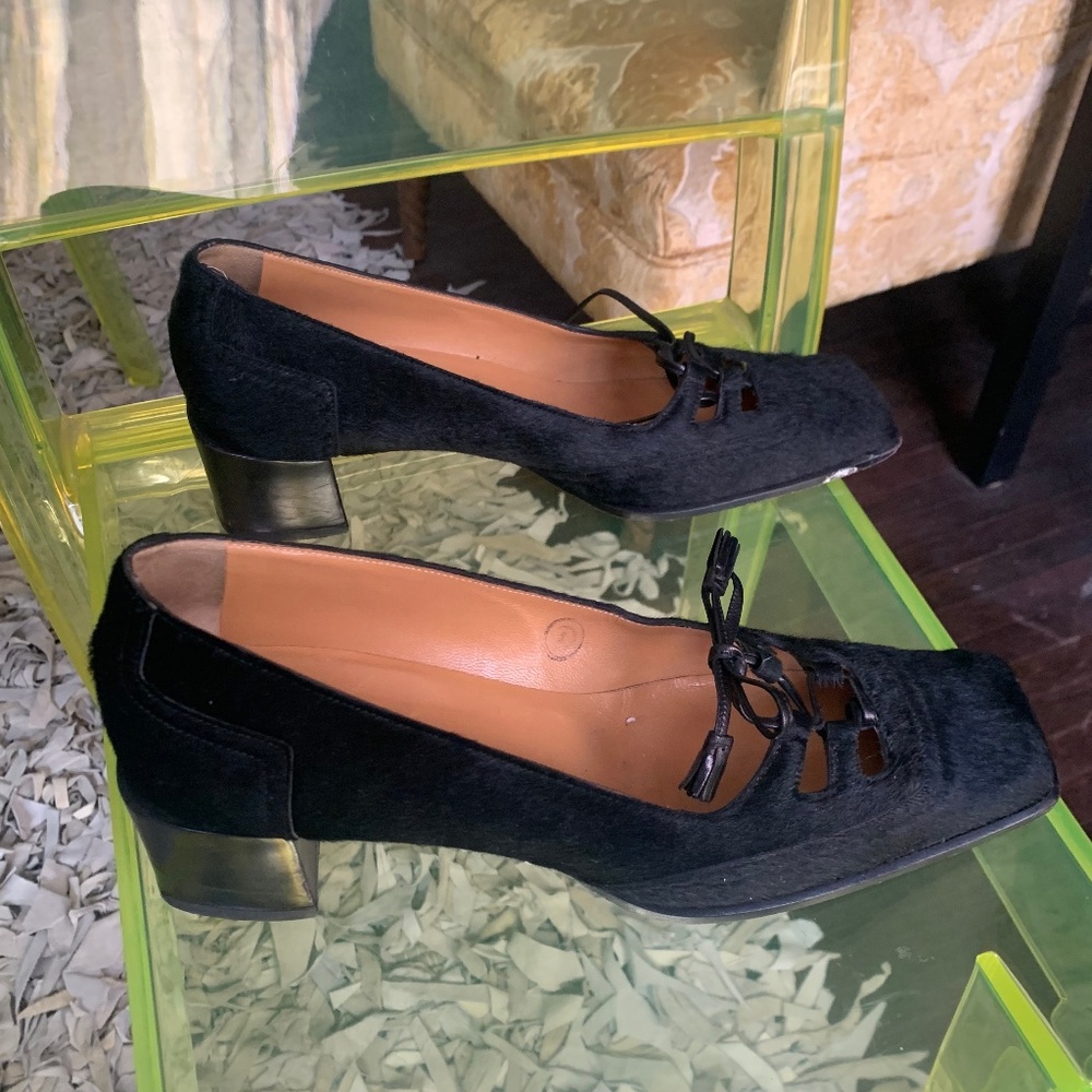 HERMES Block heel cow fur shoes